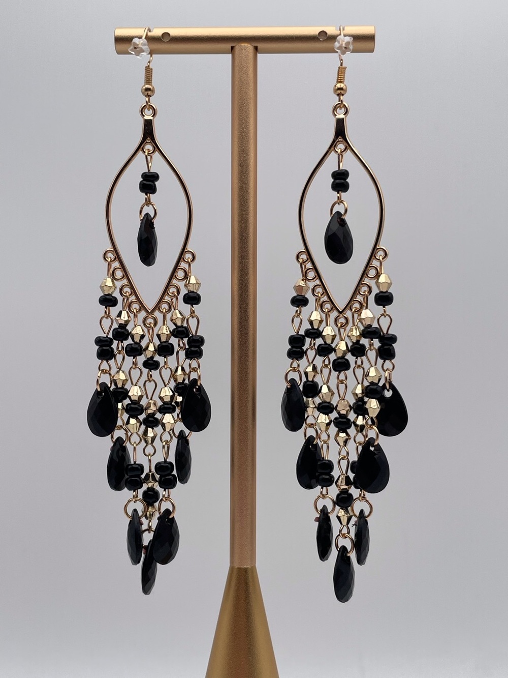 Gold and Black Teardrop Chandelier Earrings - Picture 9 of 12